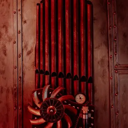 The steam organ, mounted on the riveted partition